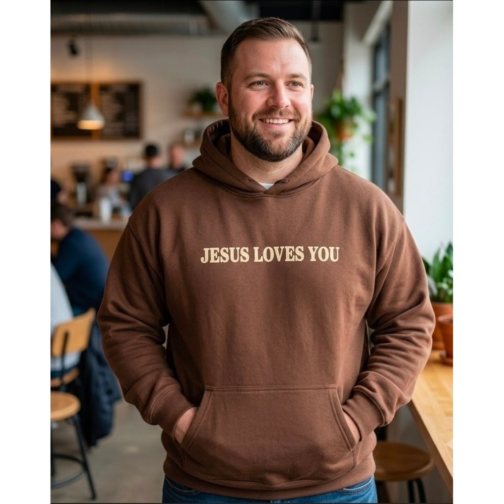 Jesus Loves You Hoodie Mens 2XL Brown 1 John 4:19 Christian Pullover Sweatshirt
